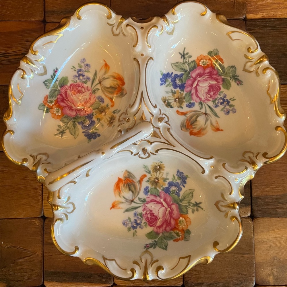 Vintage JLMenau German Three Section China Candy/Trinket Dish Floral Gold Trim